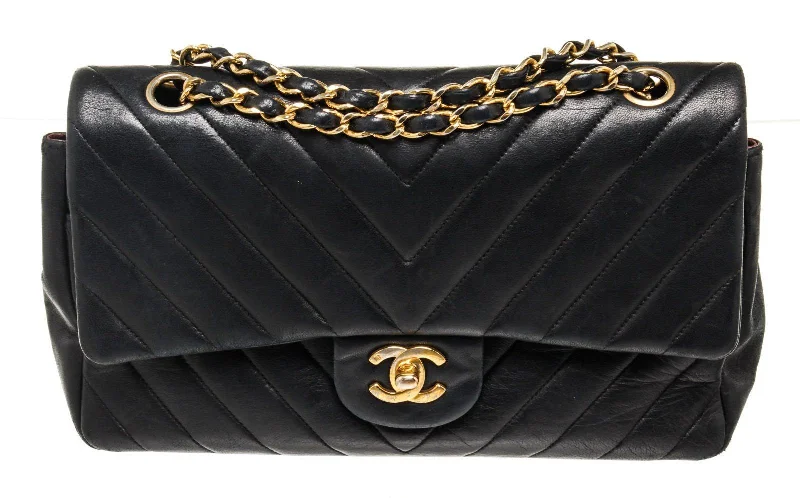 Chanel Black Leather Chevron Frlap Shoulder Bag