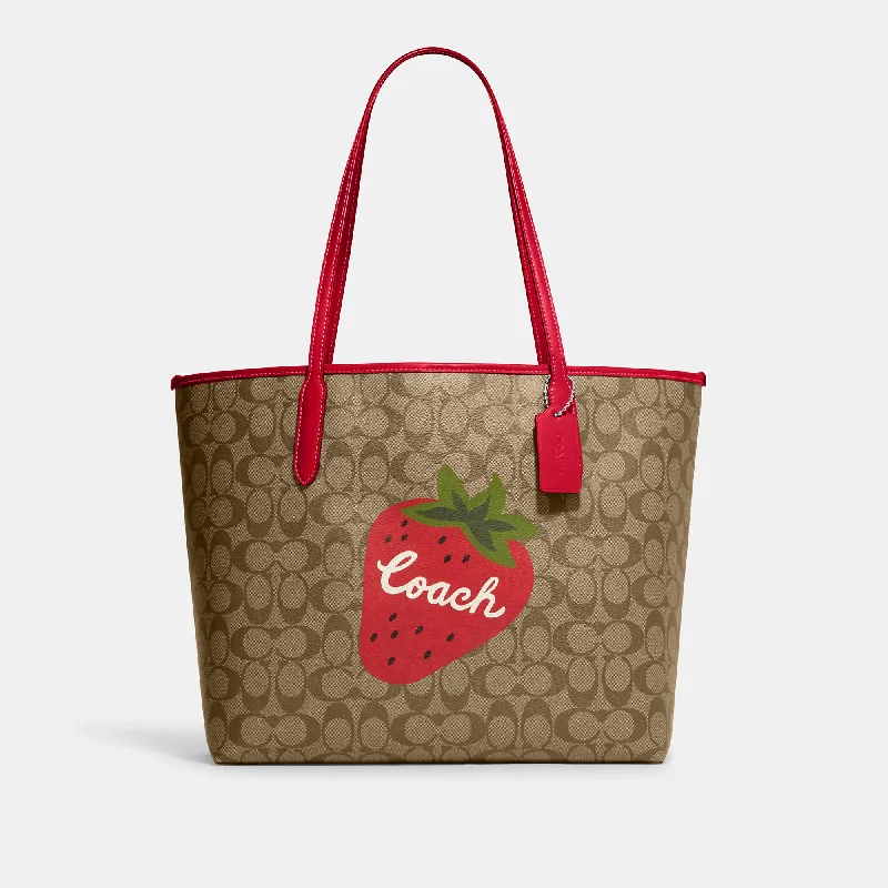 Coach Outlet City Tote In Signature Canvas With Wild Strawberry