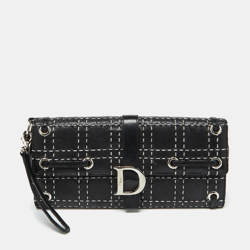 Dior Black Leather Cannage Perforated Stitched Flap Clutch