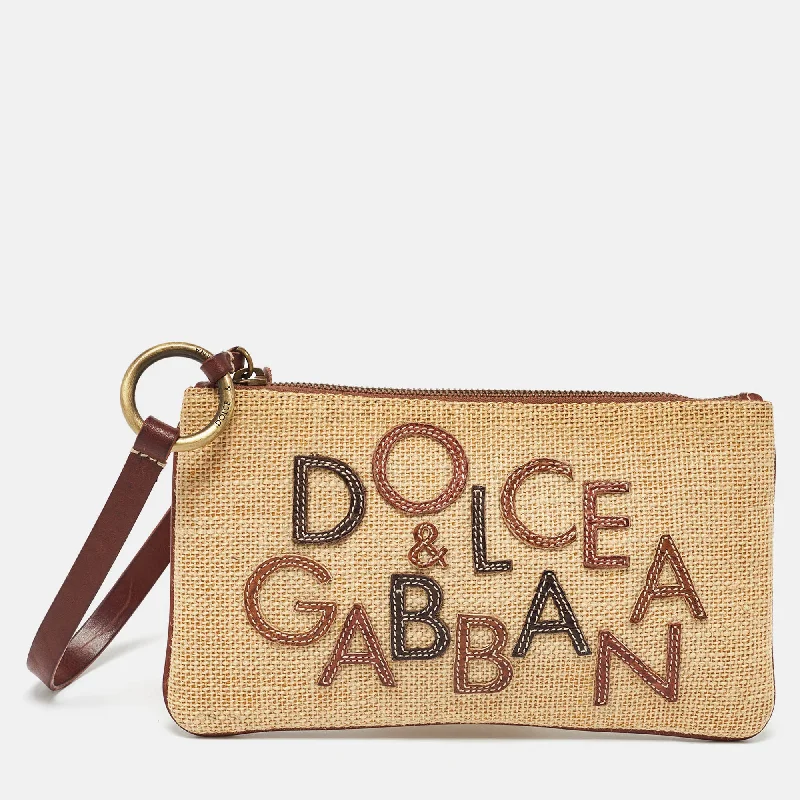 Dolce & Gabbana Beige/brown Raffia And Leather Wristlet Clutch