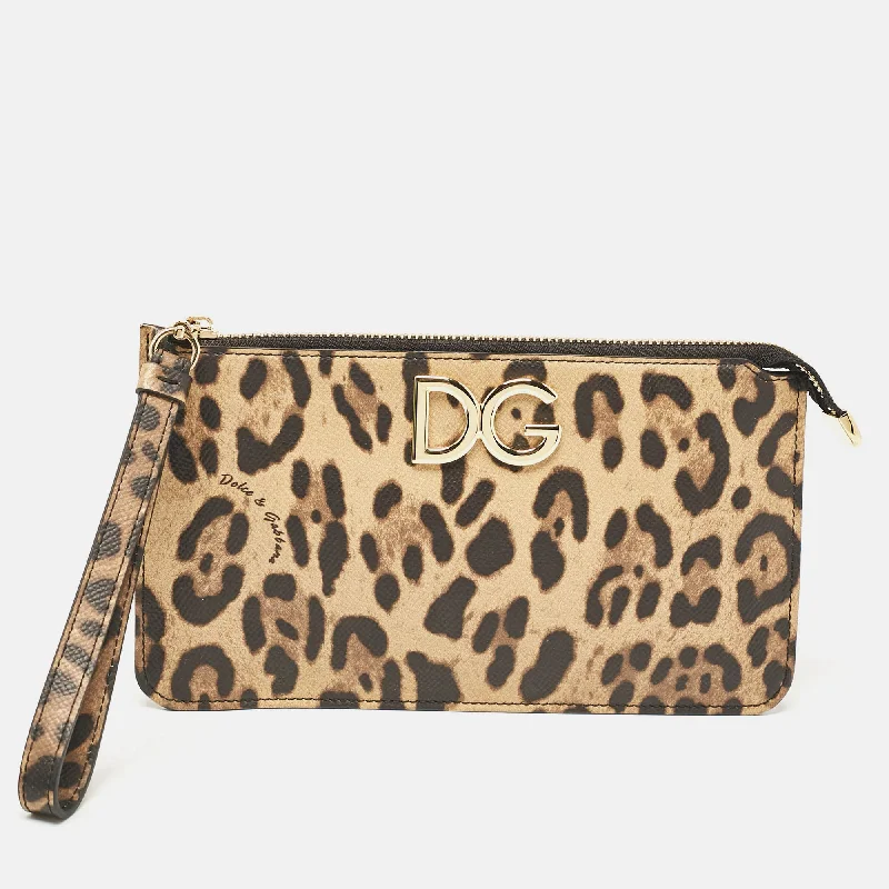 Dolce & Gabbana Brown/black Leopard Print Coated Canvas Wristlet Clutch