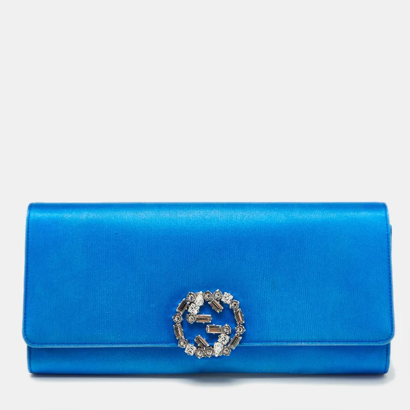 Gucci Blue Satin Crystal Embellished Interlocking G Broadway Clutch