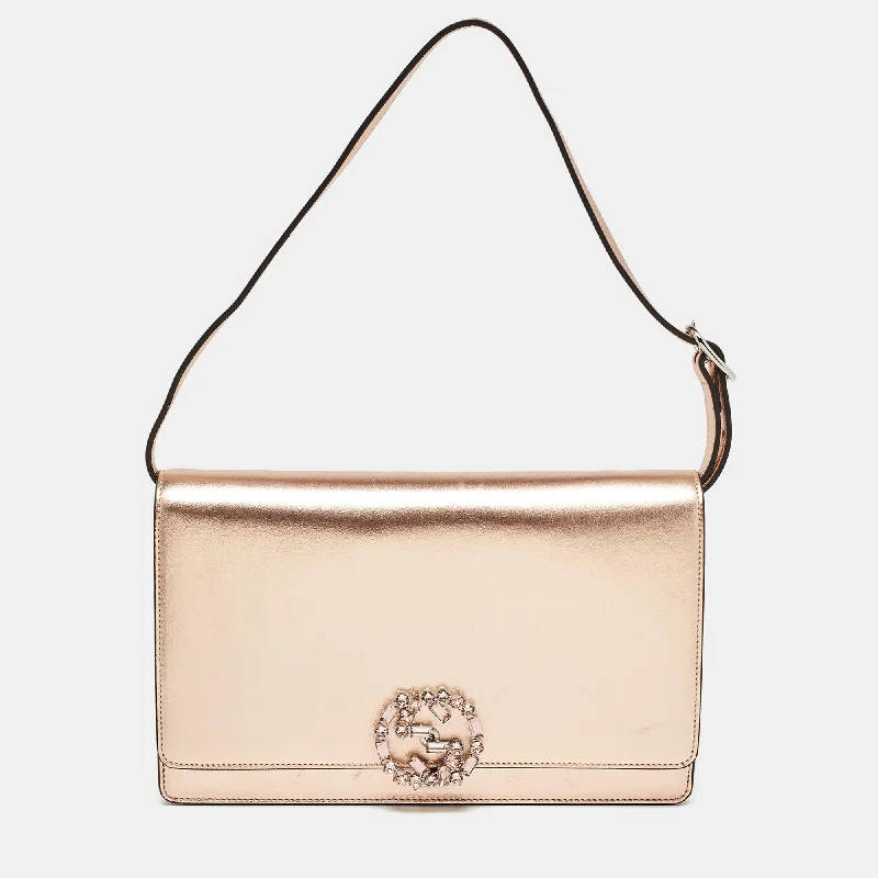 Gucci Rose Gold Leather Crystals Broadway Clutch Bag