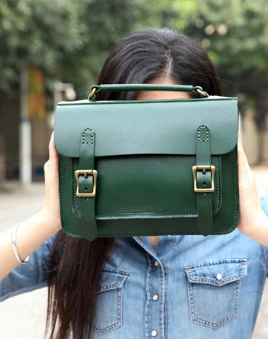 Handmade Womens Green Leather Satchel Shoulder Bag Cambridge Structured Satchel Handbag Purse for Men