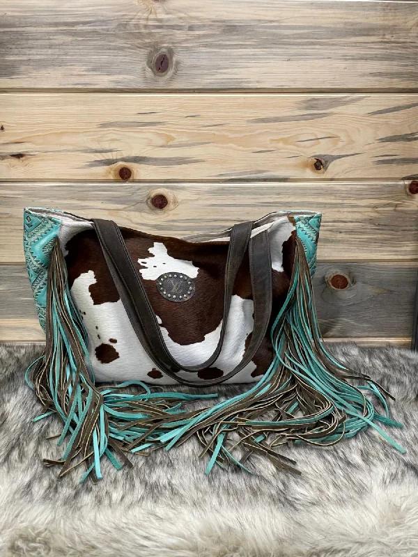 Hide On Upcycled Leather Tote Bag In Turquoise/brown