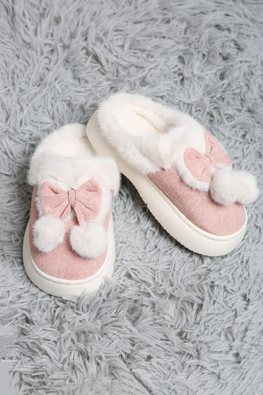 JCL6116 Superlux Faux Suede Fuzzy Bow and Pom Pom Slippers