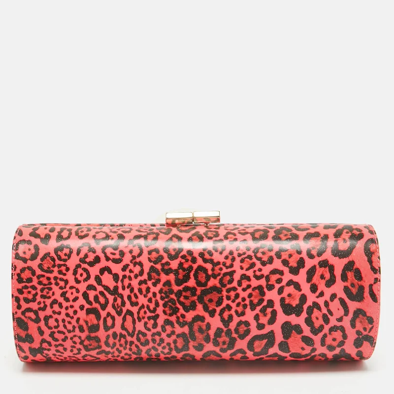 Jimmy Choo Neon Pink/black Leopard Print Vinyl Twill Tube Clutch