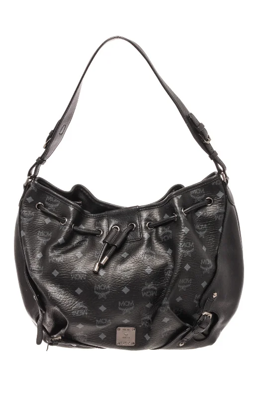 MCM Black Leather Visetos Hobo Bag