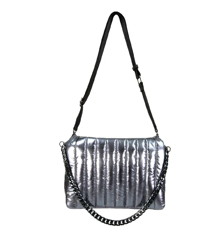 Metallic Quilted Chain Flap Shoulder Bag In Silver