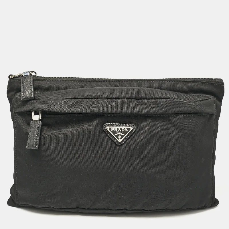 Prada Black Re-Nylon Triangle Logo Zip Pouch Clutch