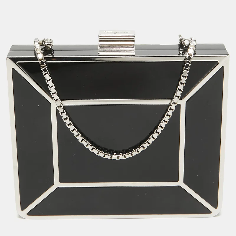 Salvatore Ferragamo Black Metal Plexiglass Dolly Box Clutch