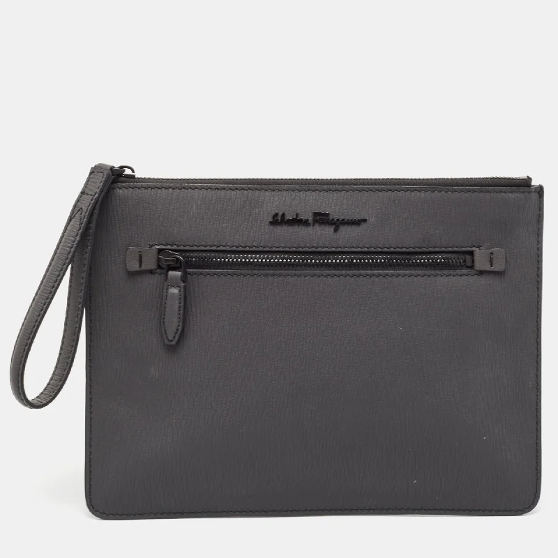 Salvatore Ferragamo Dark Grey Leather Clutch