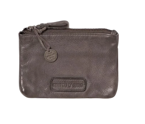 STATUS ANXIETY MELBOURNE WASHED LEATHER POUCH ZIP WALLET STEEL BROWN