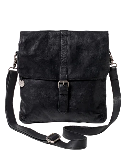 STITCH & HIDE WASHED LEATHER BERLIN REPORTER/SHOULDER BAG BLACK - FREE WALLET POUCH