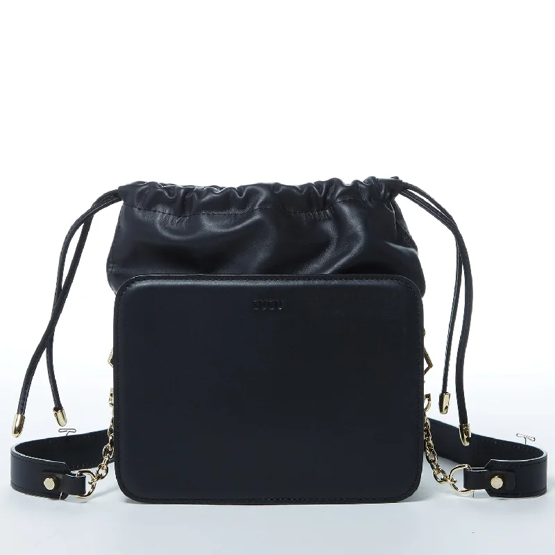 SUSU Patricia Black Leather Drawstring Shoulder Bag