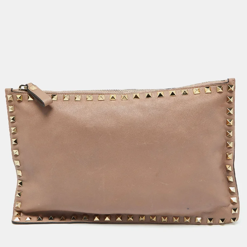 Valentino Beige Leather Rockstud Zip Pouch Clutch