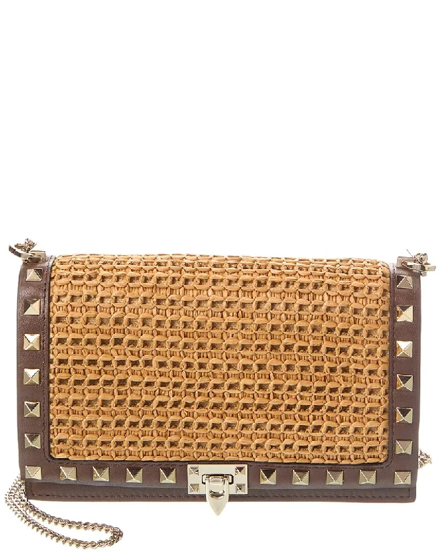 Valentino Rockstud Raffia & Leather Crossbody